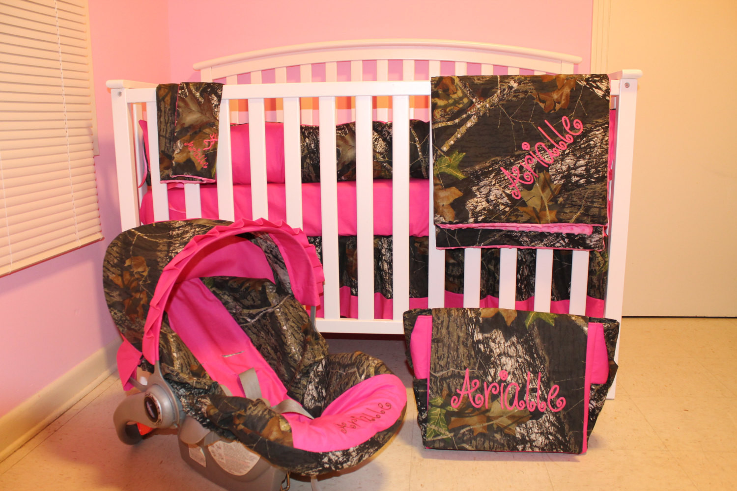 Camouflage Baby Decor
 7pc Camo Mossy Oak fabric & pink crib bedding nursery set with