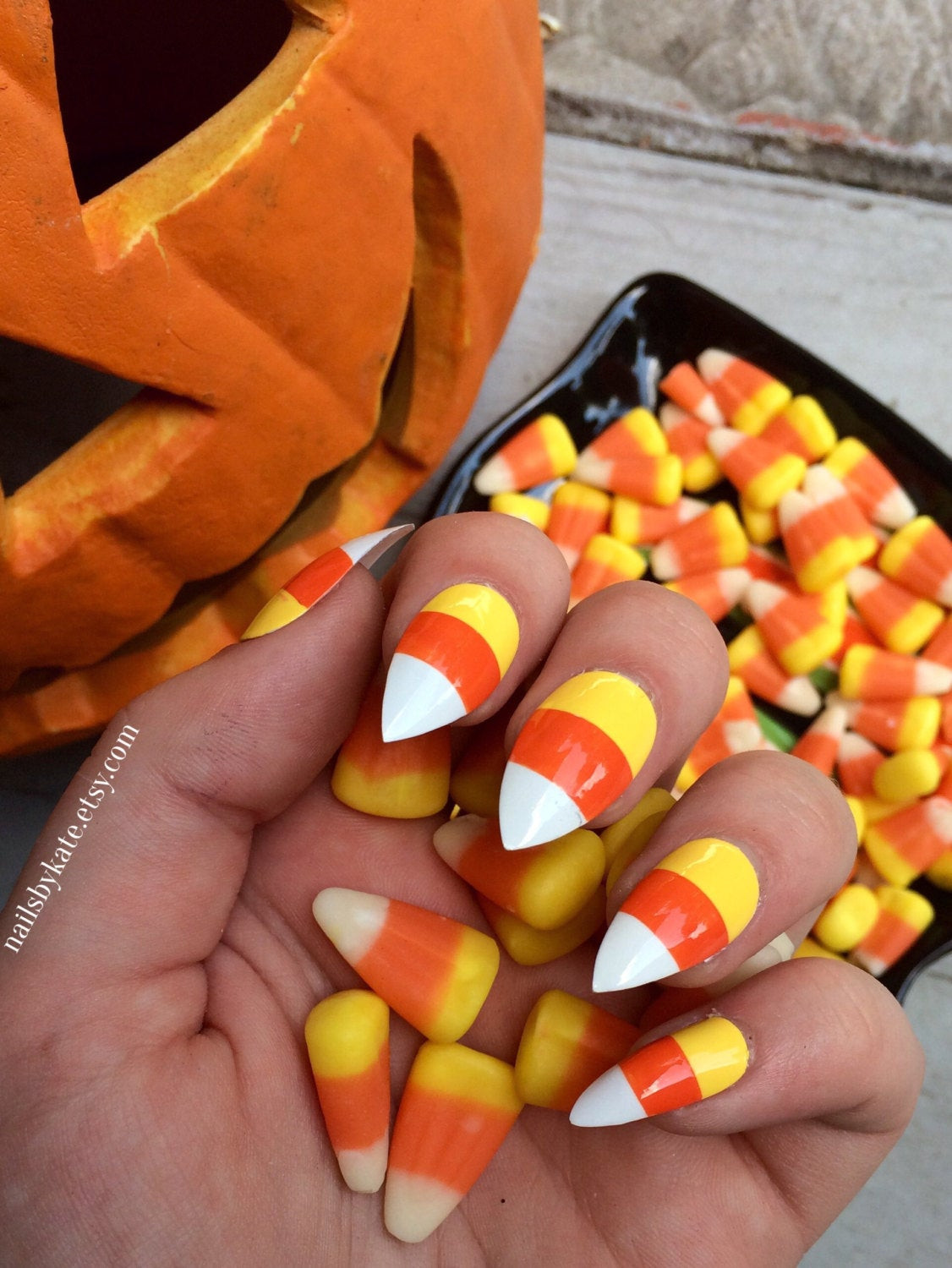 Candy Corn Nails
 Candy corn nails fake nails halloween nails halloween