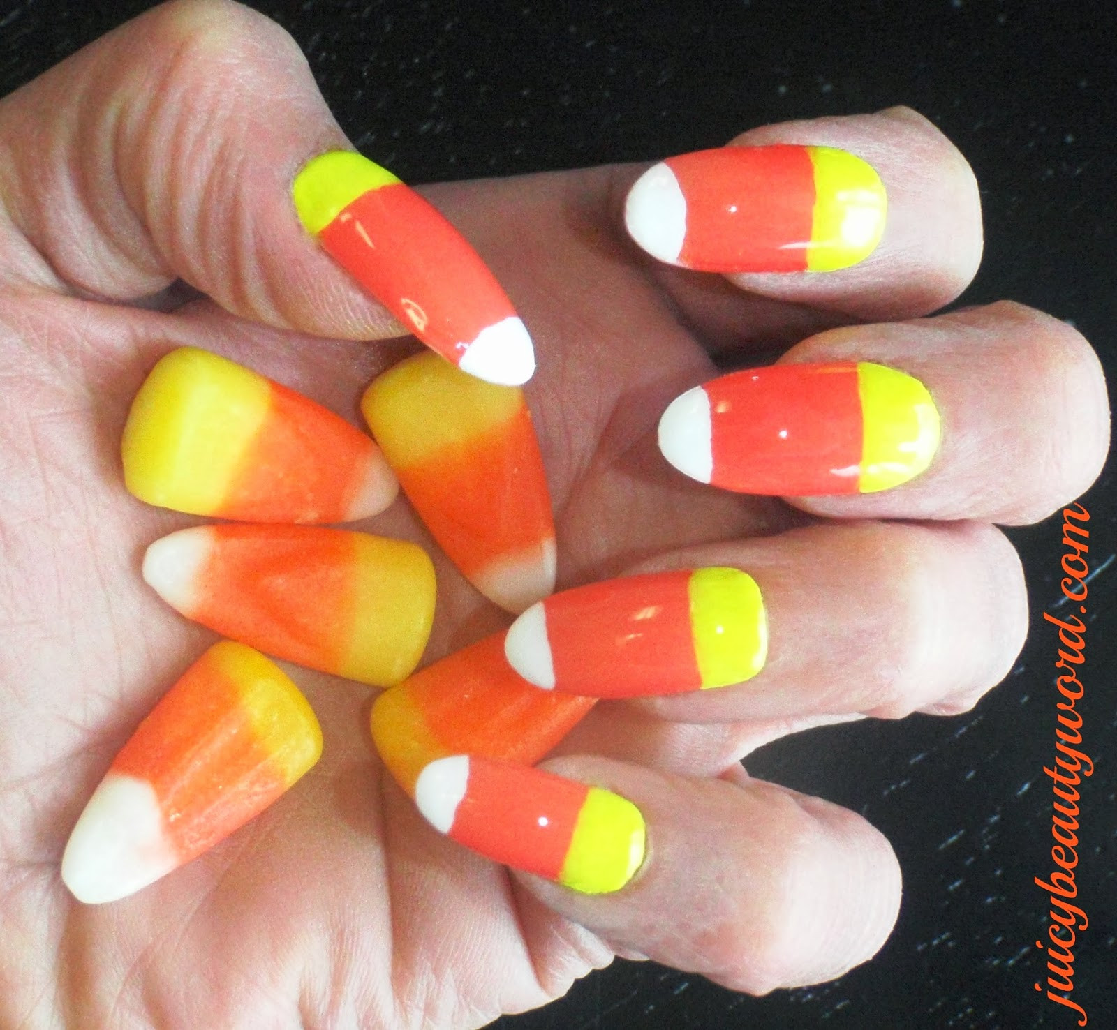 Candy Corn Nails
 The Juicy Beauty Word Trick or Treat Candy Corn Nail Designs