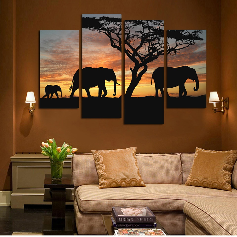 Canvas Painting For Living Room
 4 Panels Elephant in Sunsetting Print Canvas Painting for