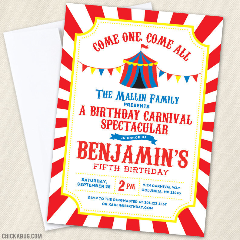 Carnival Birthday Invitation
 Carnival or Circus Party Invitations