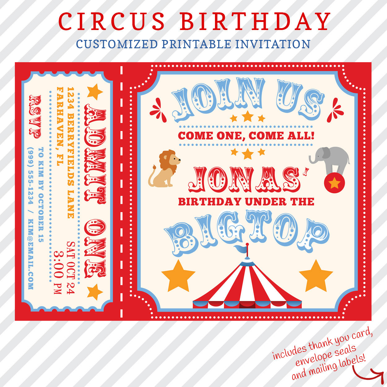 Carnival Birthday Invitation
 Circus Birthday Invitation Printable custom invitation with