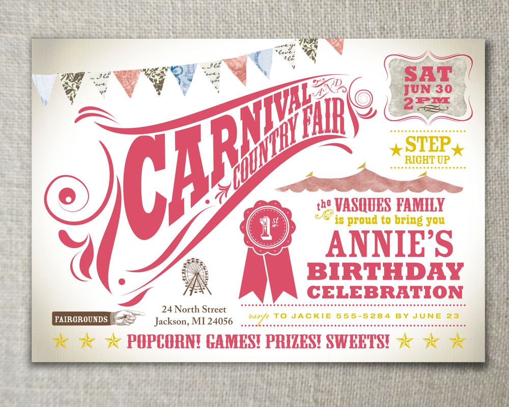 Carnival Birthday Invitations
 Carnival party Kids birthday party invitation by PearTreeSpace