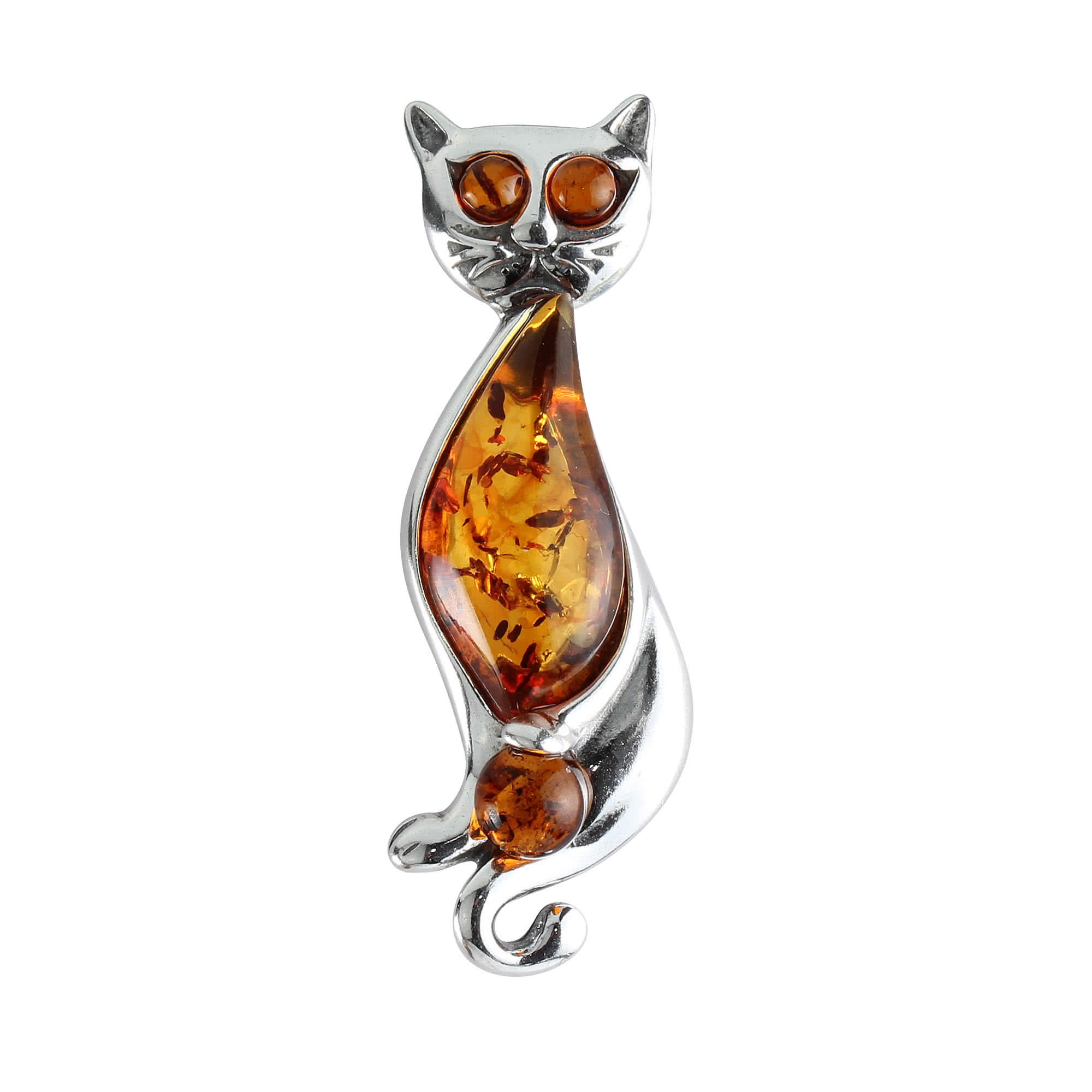 Cat Pins
 Sterling Silver Cat With Ball Brooch Set With Baltic Amber