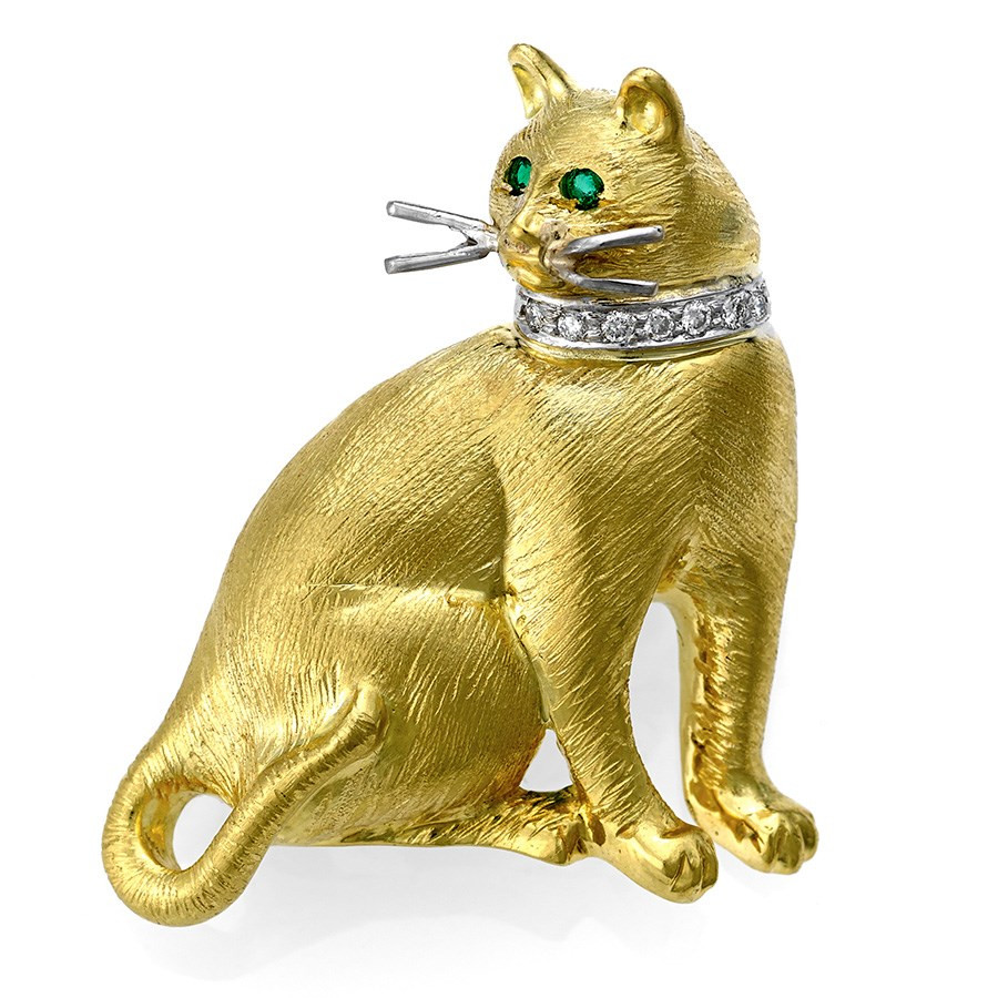 Cat Pins
 18k Gold Satin Cat Pin with Diamond Collar Emerald Eyes