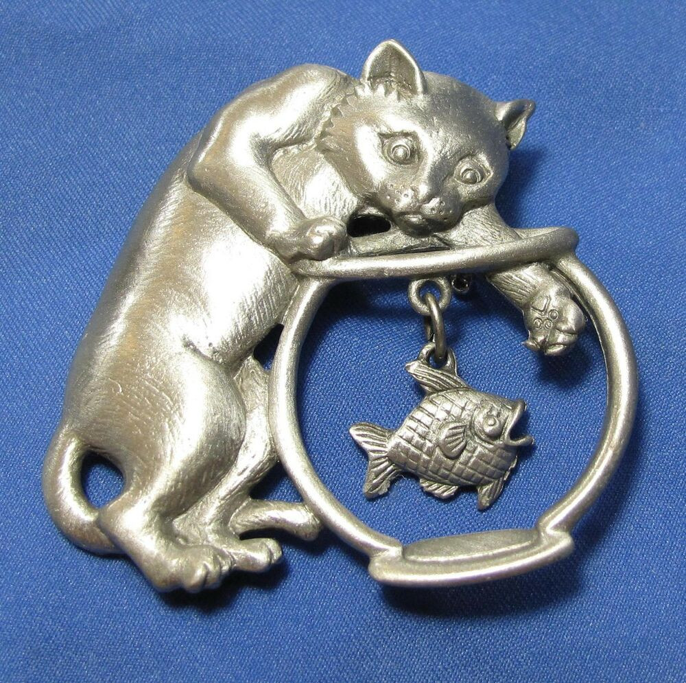 Cat Pins
 Vintage JJ Cat Kitten Dangle Goldfish Fishbowl Pewtertone