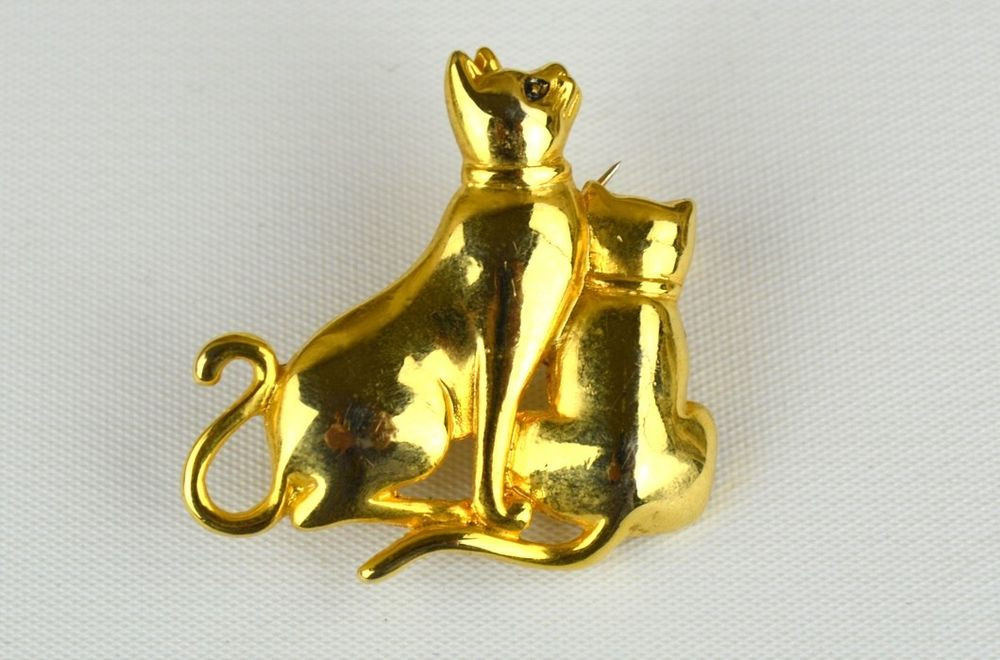 Cat Pins
 VTG ESTATE Gold Tone Cat Brooch Pin "Mother and Her Kitten