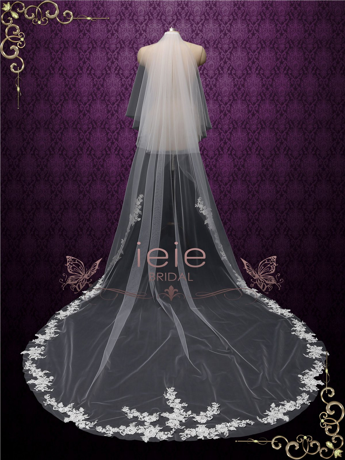 Cathedral Length Wedding Veil
 Chapel Length Lace Edge Bridal Wedding Veil with Blusher