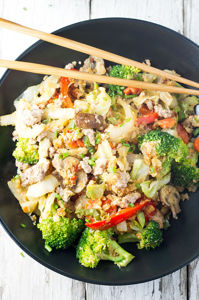 Cauliflower Rice Stir Fry
 Cauliflower "Rice" Stir fry with Ground Pork Bound By Food