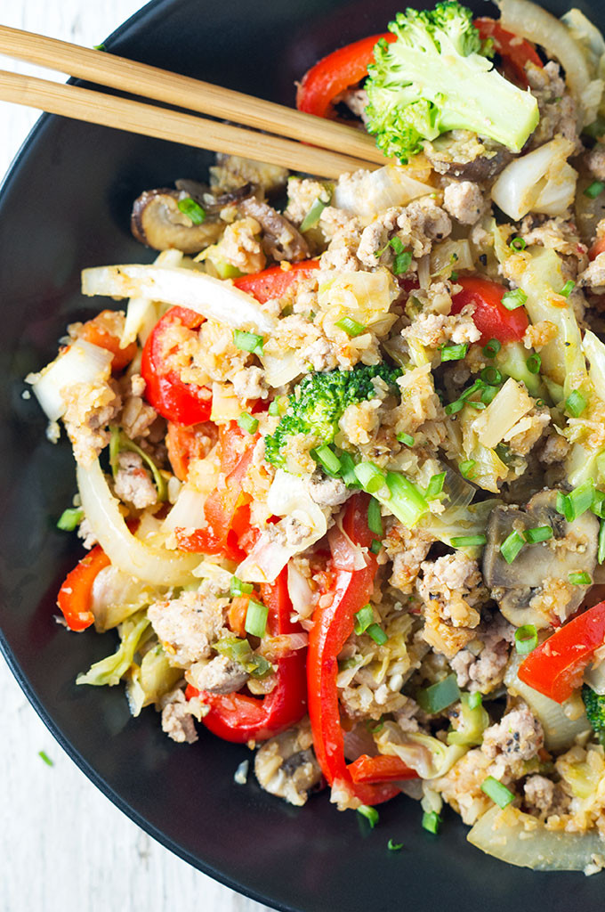 Cauliflower Rice Stir Fry
 Cauliflower "Rice" Stir fry with Ground Pork Bound By Food