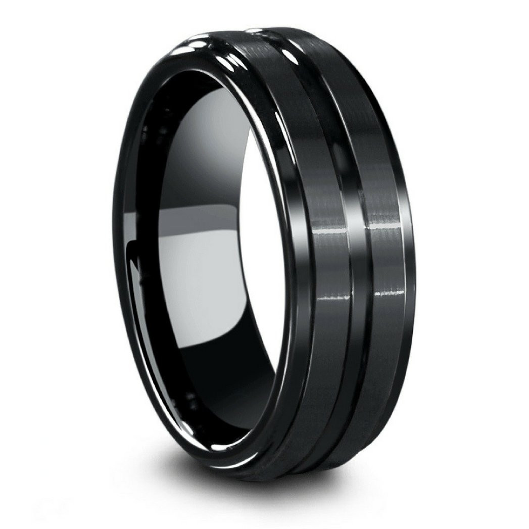 Ceramic Wedding Rings
 Mens Black Ceramic Ring With Carved Groove and Step Down