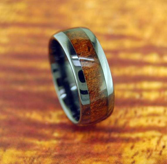 Ceramic Wedding Rings
 Black Ceramic Koa Wood Ring 8mm Wedding Ring by Silvershowroom