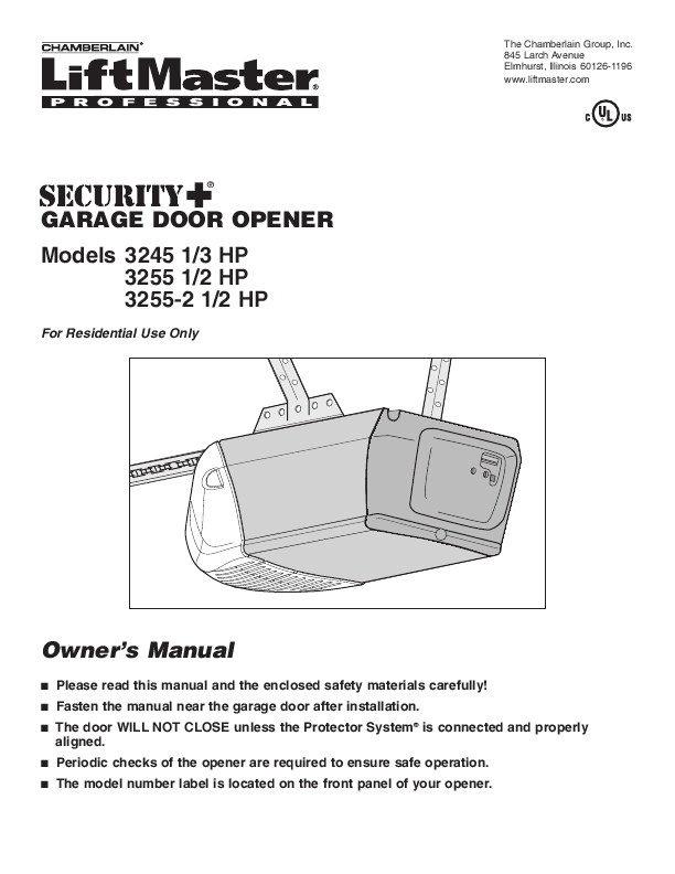 Chamberlain Garage Door Manuals
 Chamberlain Garage Door Opener 3245 1 3 HP User s Guide