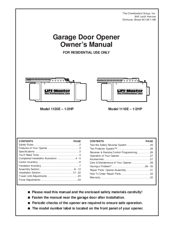 Chamberlain Garage Door Manuals
 Chamberlain Garage Door Opener 1160 User s Guide