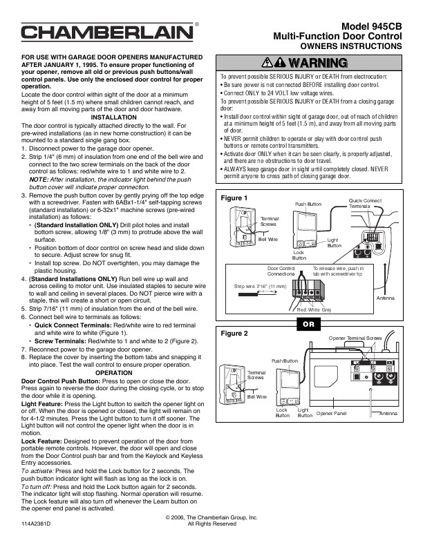 Chamberlain Garage Door Manuals
 Chamberlain Garage Door Opener 945CB User s Guide