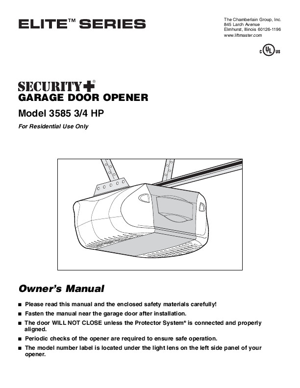 Chamberlain Garage Door Manuals
 Chamberlain Garage Door Opener 3585 3 4 HP User s Guide