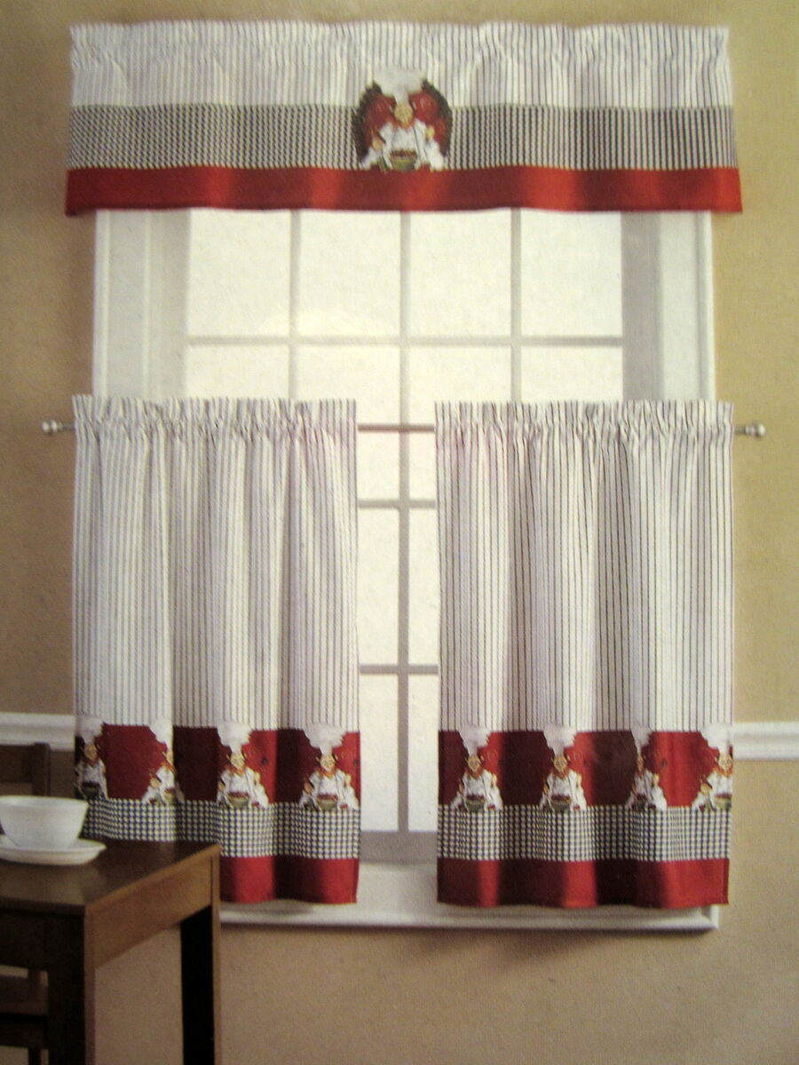 Chef Kitchen Curtains
 Chef Pasta French Italian Red Black 36L Tiers Valance