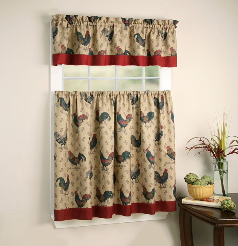 Chicken Kitchen Curtains
 3 Pc French Country Shabby Chic Rooster Tier & Valance Set