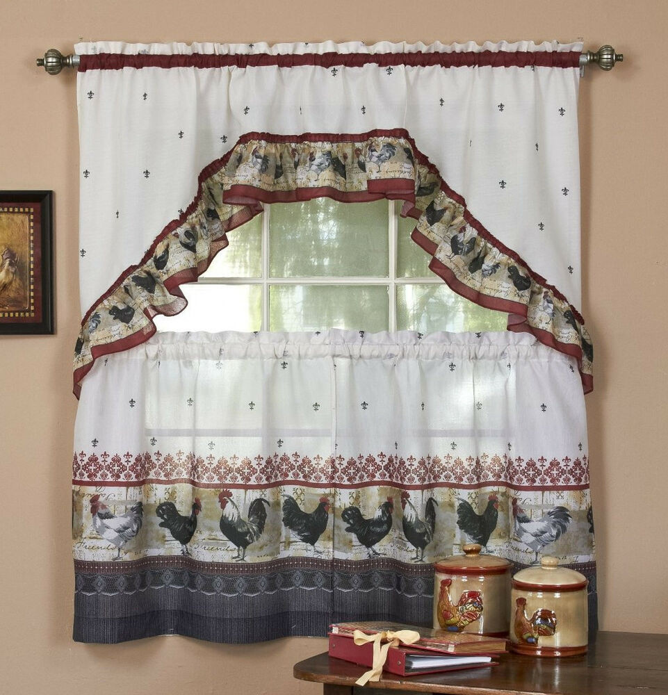 Chicken Kitchen Curtains
 ROOSTER DESIGN BURGUNDY AND GREY CURTAINS AND SWAG SET