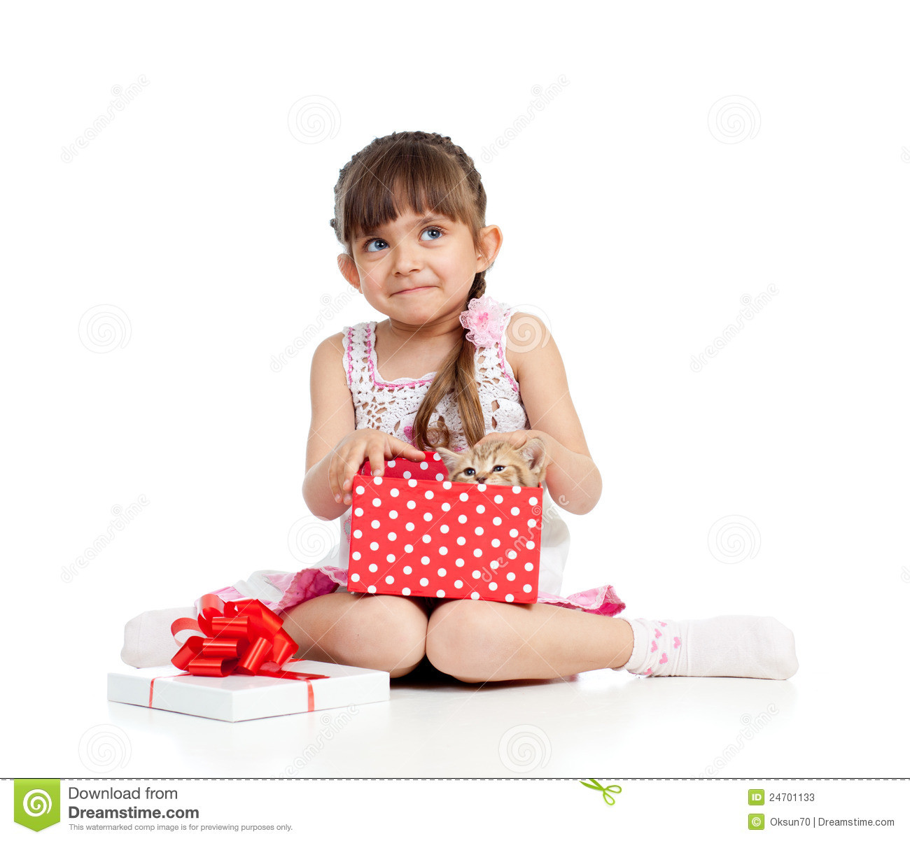 Child Gifts
 Happy Child Girl Holding Gift Box With Kitten Stock Image