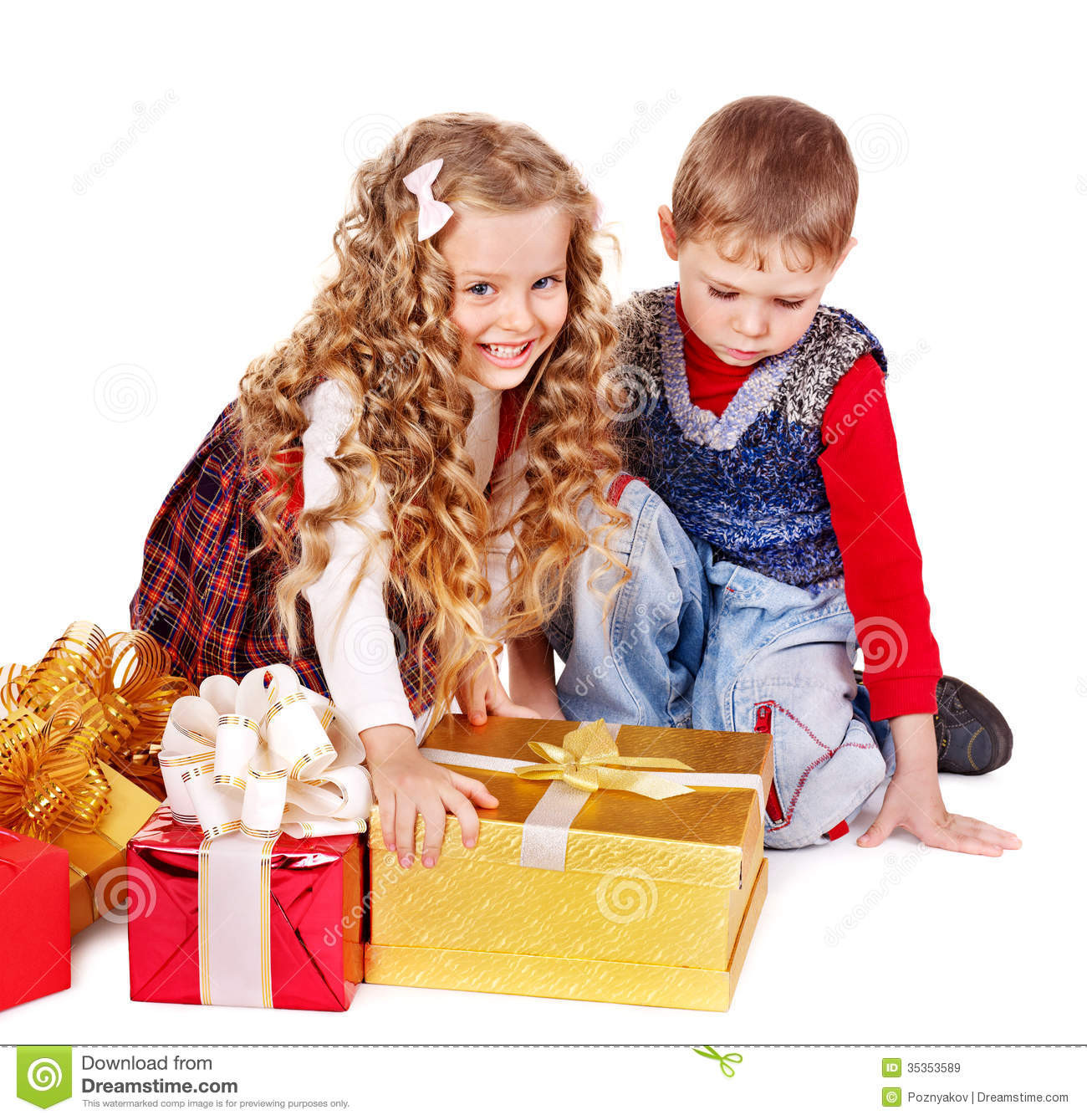 Child Gifts
 Kids With Christmas Gift Box Royalty Free Stock