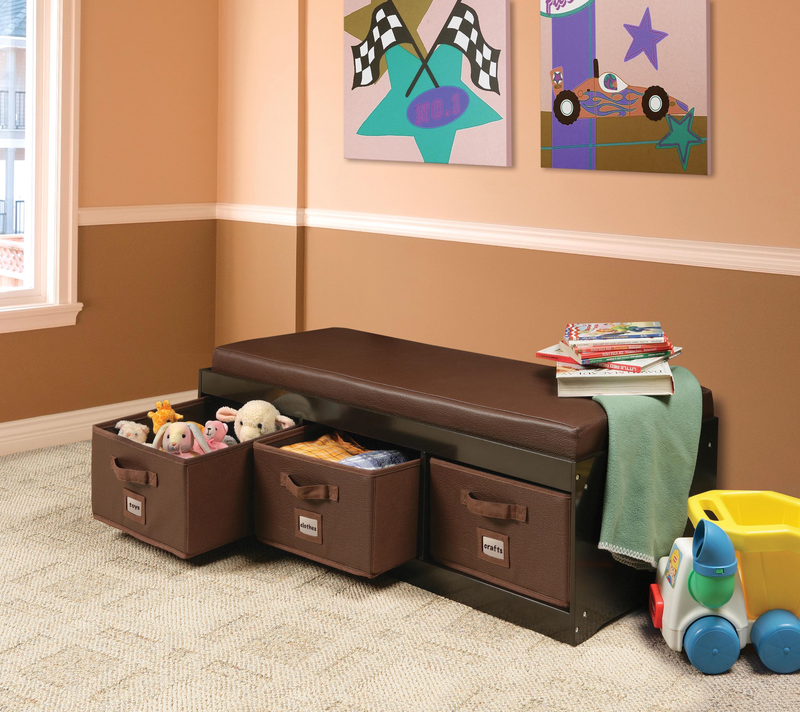 Child Storage Bench
 Amazon Kid s Cushioned Storage Bench with 3 Basket