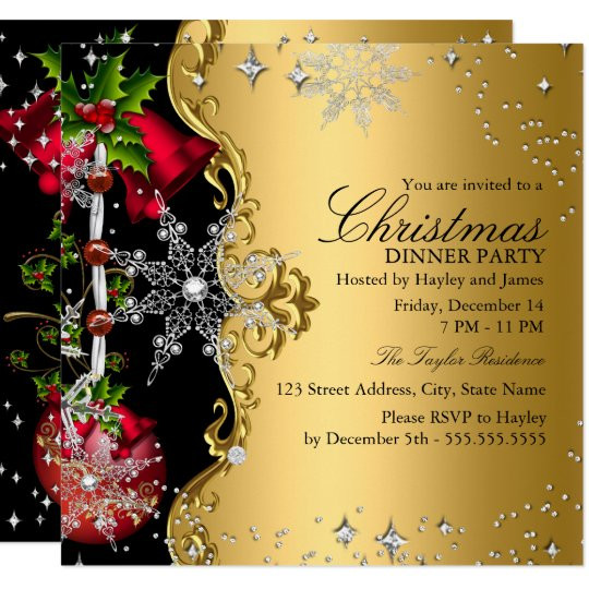 Christmas Dinner Invitation
 Red green Gold Snowflake Christmas Dinner Party 3