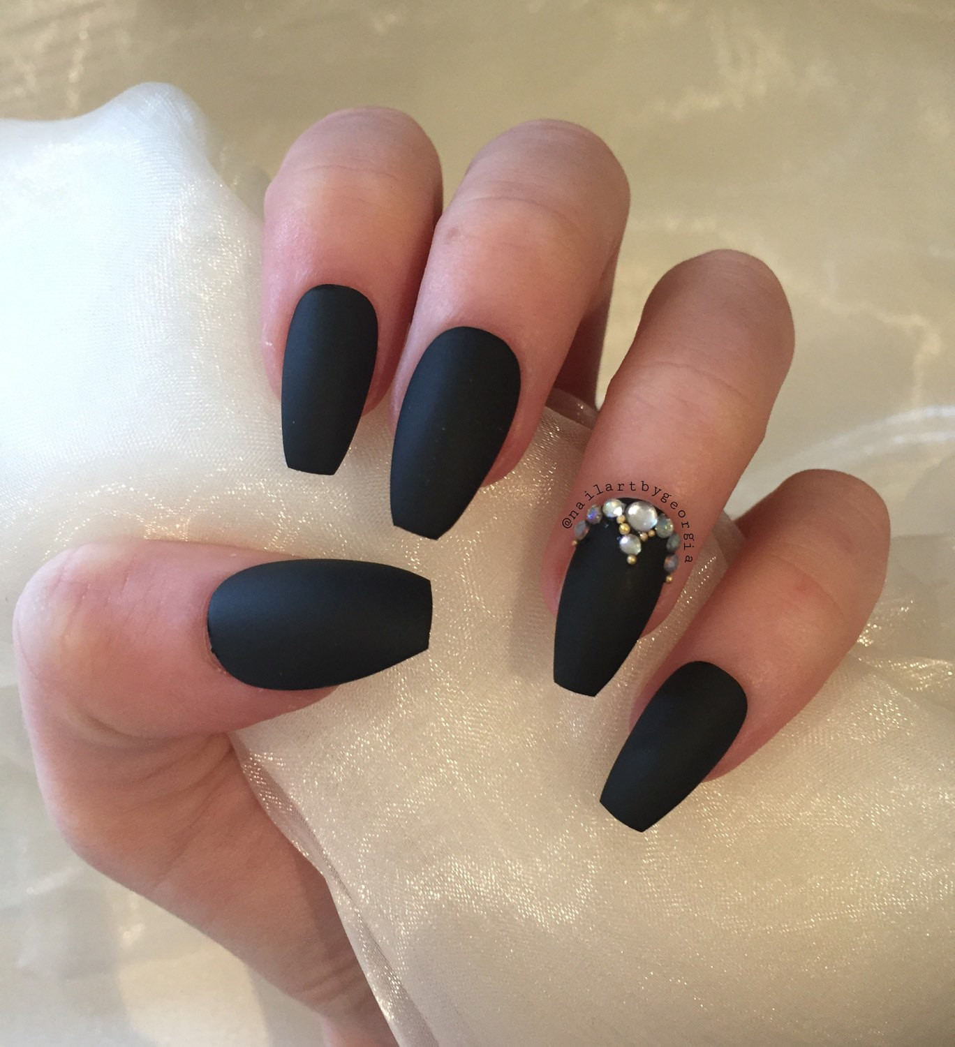 Coffin Nail Designs Matte
 Matte black coffin nails with rhinestones and gold beads