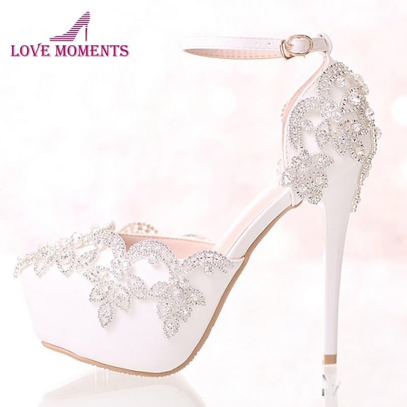 Comfortable Wedding Shoes For Bride
 Ankle Strap White Wedding Shoes with Rhinestone