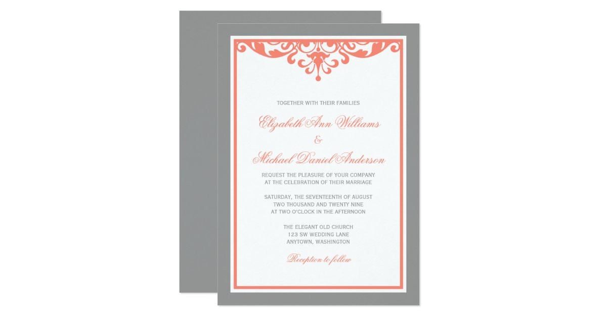 Coral And Grey Wedding Invitations
 Coral and Gray Flourish Wedding Invitations