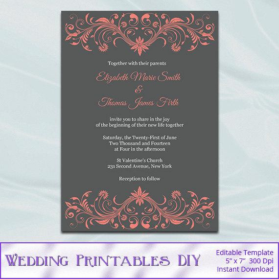 Coral And Grey Wedding Invitations
 Coral and Gray Wedding Invitation Template Diy Printable