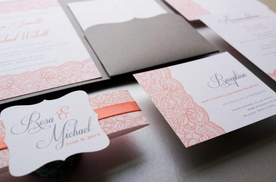 Coral And Grey Wedding Invitations
 Coral And Grey Wedding Invitation Lace Wedding Invitation