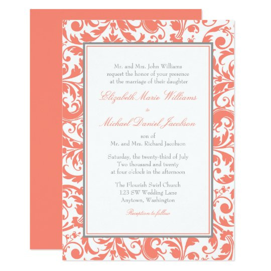 Coral And Grey Wedding Invitations
 Coral and Grey Swirl Damask Wedding Invitation