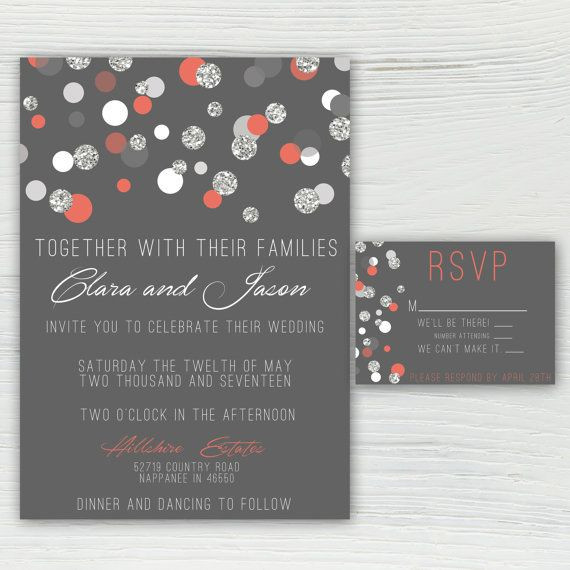 Coral And Grey Wedding Invitations
 Coral Silver and Gray Sparkle Polka Dot Wedding Invitation