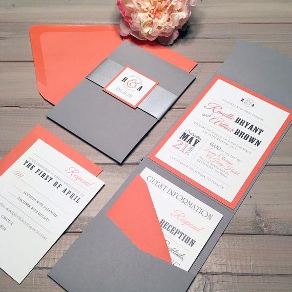 Coral And Grey Wedding Invitations
 Gray and Coral Wedding Invitations Modern Wedding