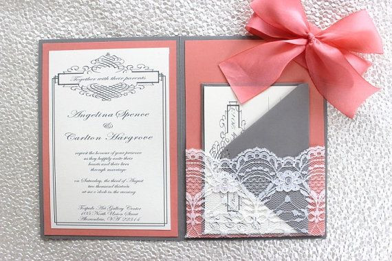 Coral And Grey Wedding Invitations
 I love love LOVE this Grey Coral Lace Wedding