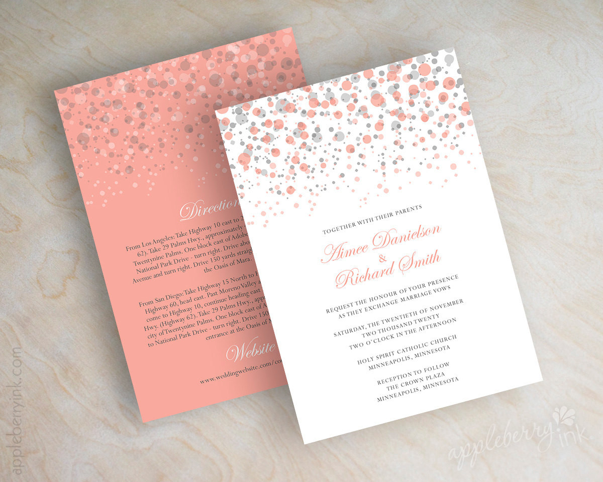 Coral And Grey Wedding Invitations
 Coral and gray polka dot wedding invitation modern confetti