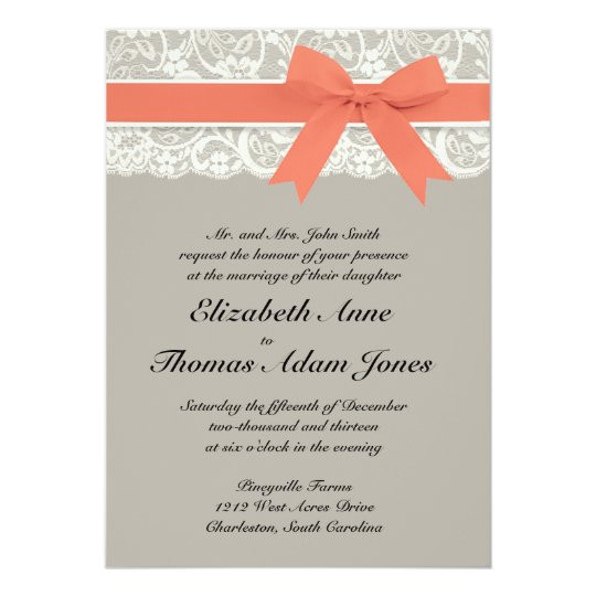 Coral And Grey Wedding Invitations
 Lace Ribbon Gray and Coral Wedding Invitation