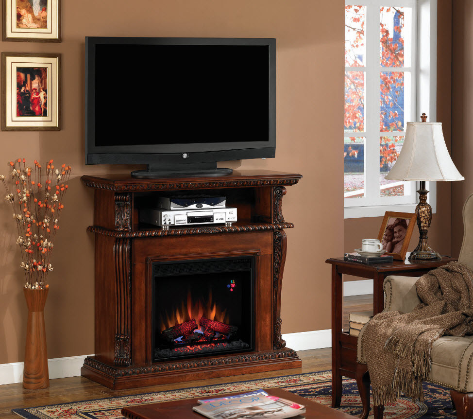 Corner Electric Fireplace Media Centers
 42 Corinth Vintage Cherry Entertainment Center Wall and