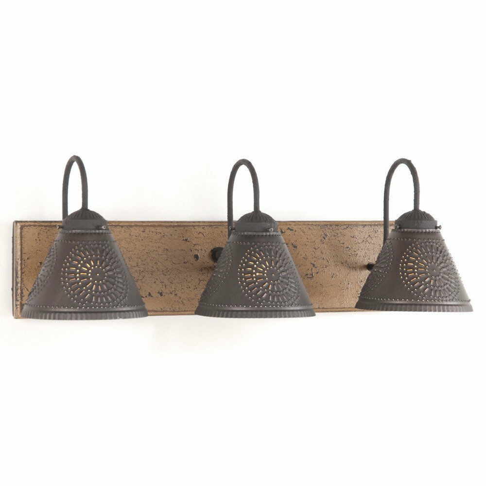 Country Bathroom Lighting
 VANITY LIGHT Wood & Metal with PUNCHED TIN Lamp Shades