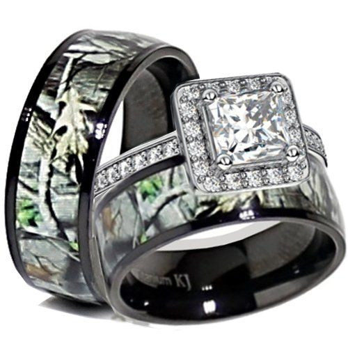 Country Wedding Ring Sets
 His & Her Black Titanium Camo Sterling Silver Engagement