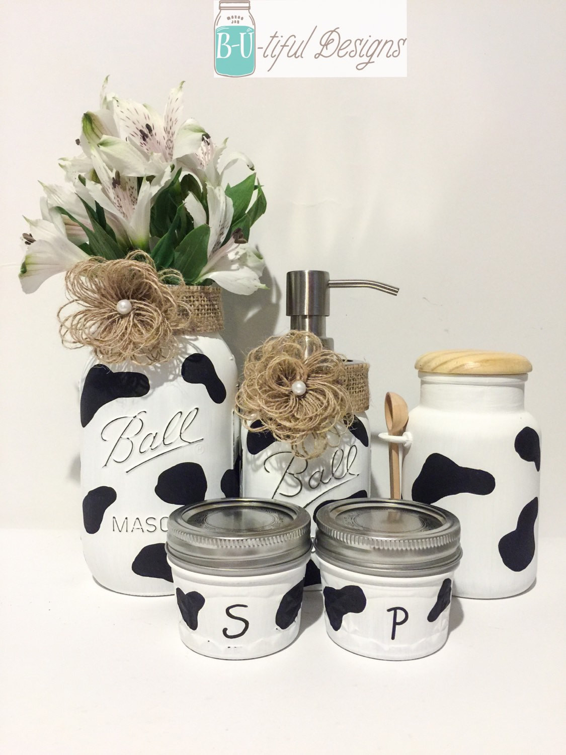 Cow Kitchen Curtains
 Cow Print Kitchen Decor Mason Jars Flower Vase Soap Dispenser