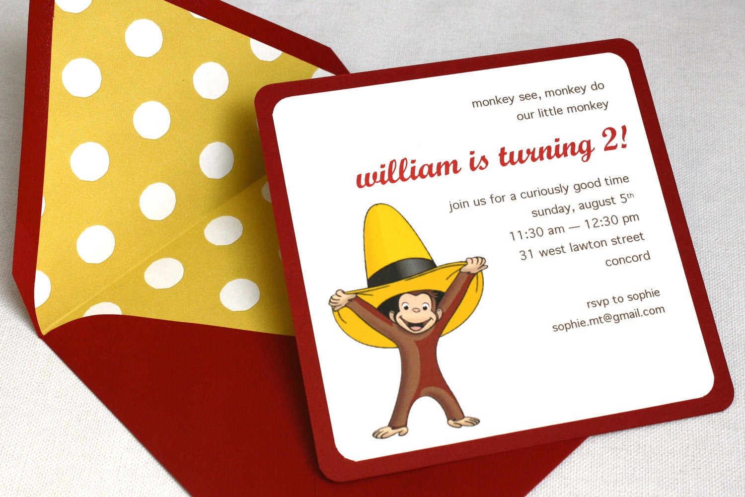 Curious George Birthday Invitation
 Curious George Birthday Party Invitation Square Envelope and