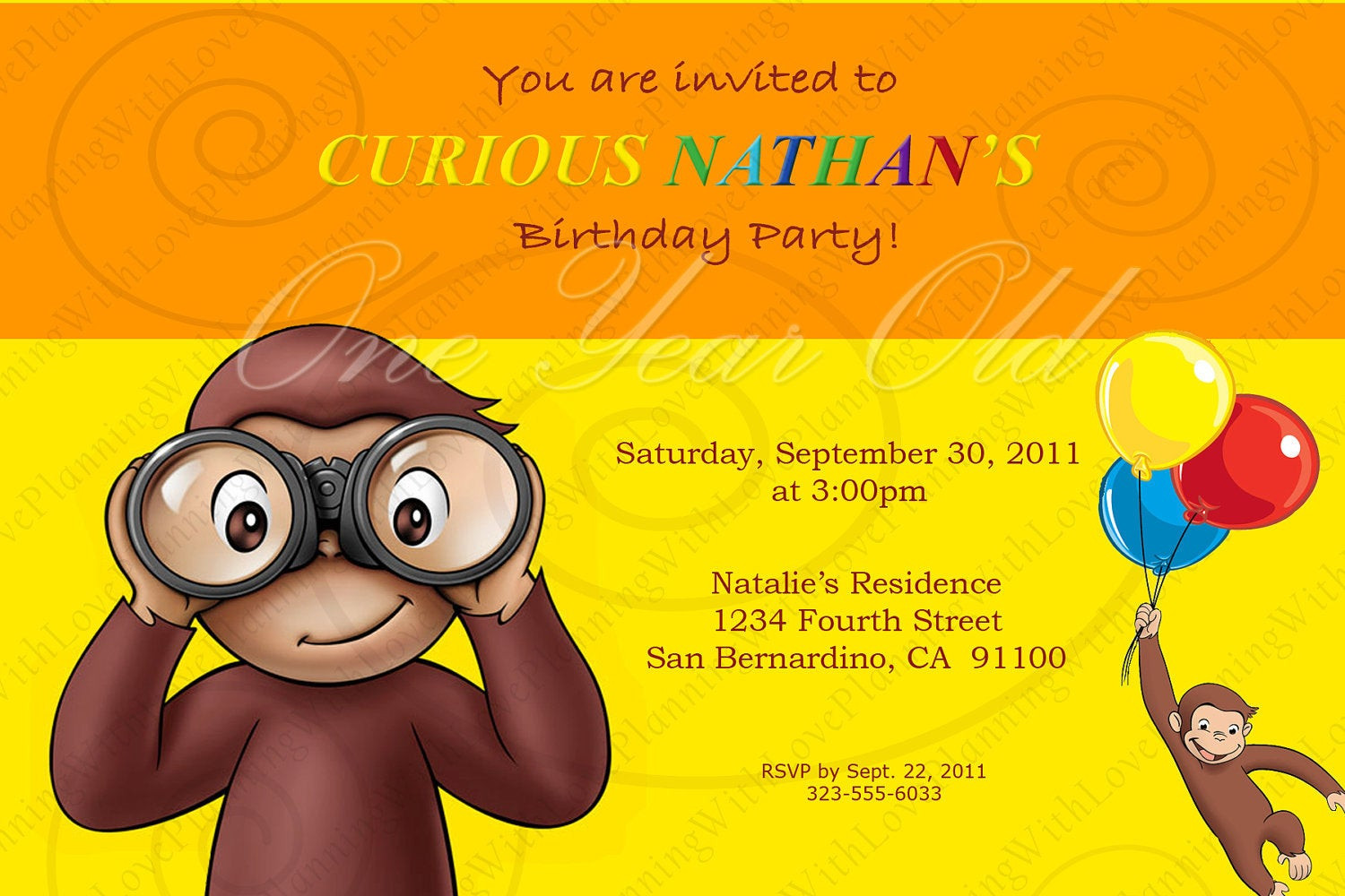 Curious George Birthday Invitation
 Curious George Invitation