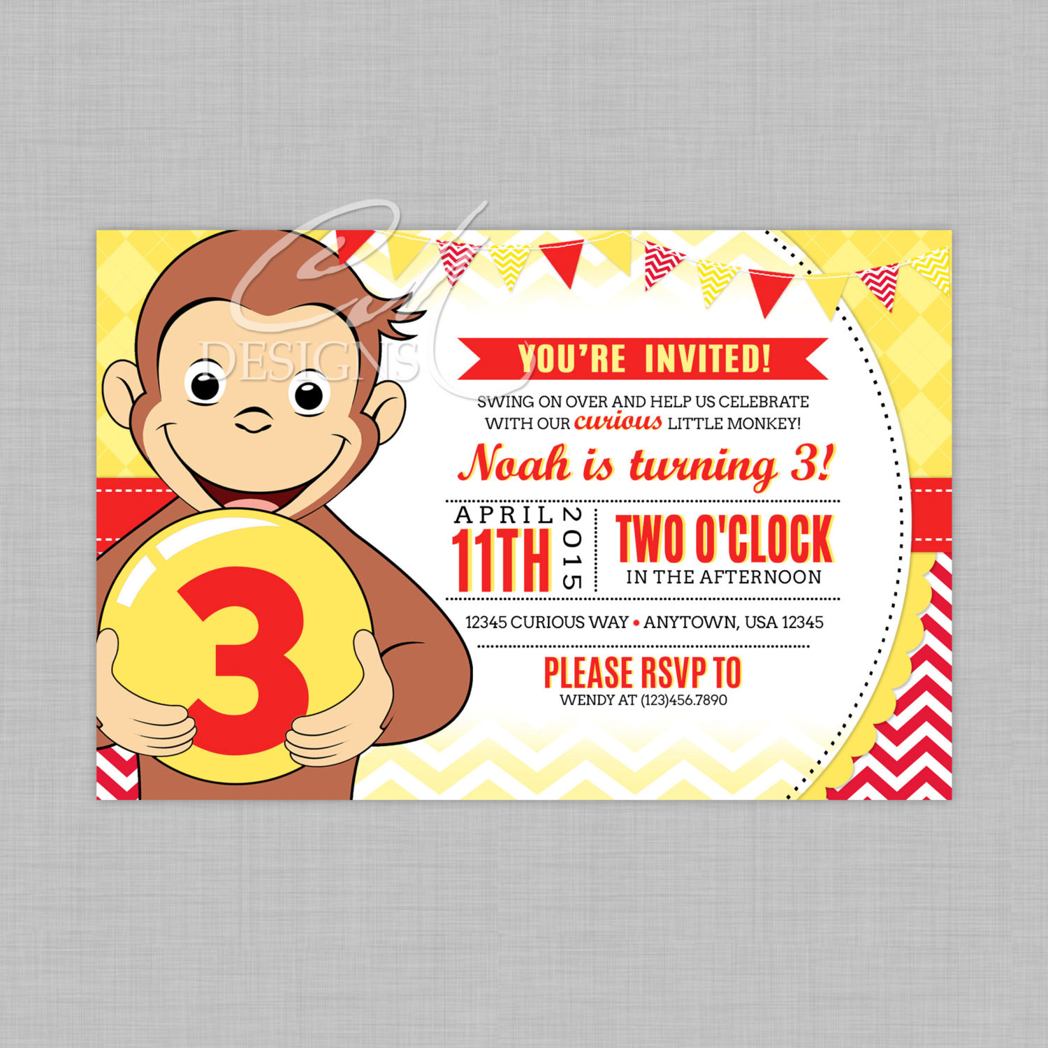 Curious George Birthday Invitation
 Curious George Birthday Invitation TWO COLOR by