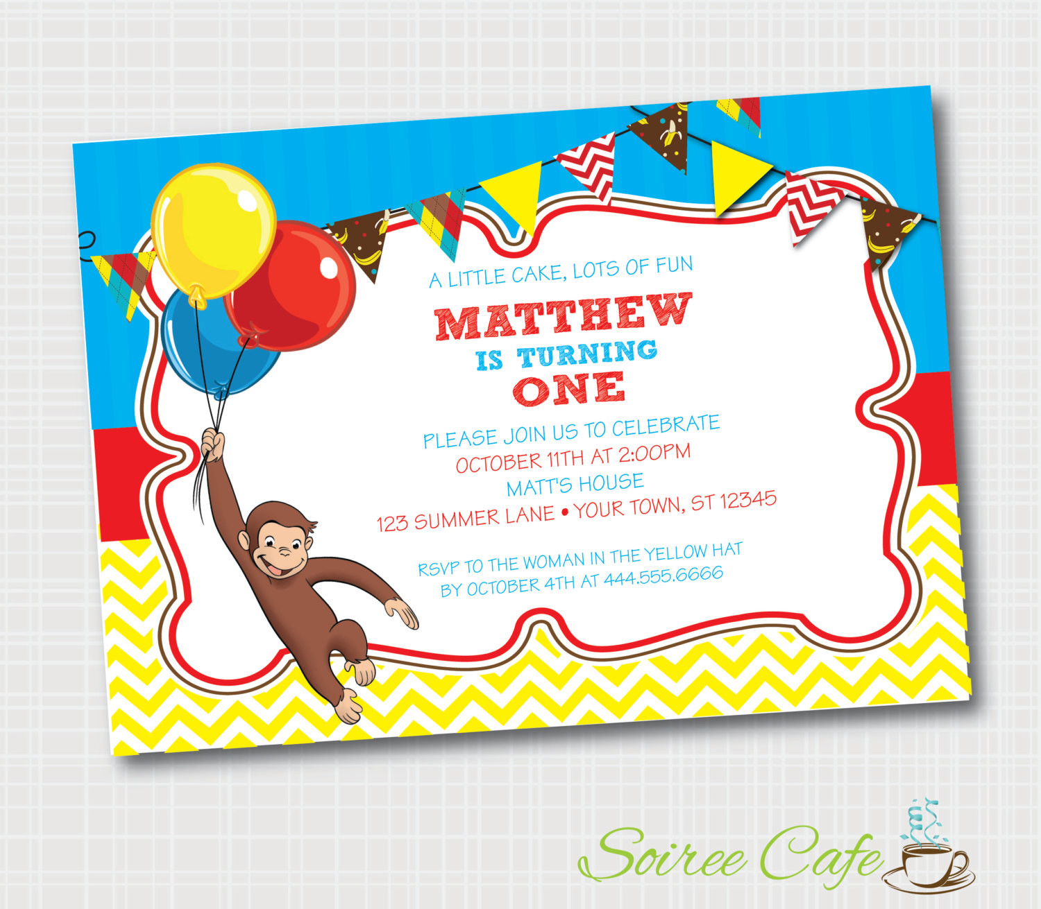 Curious George Birthday Invitation
 Curious George Birthday Invitation Digital File Custom