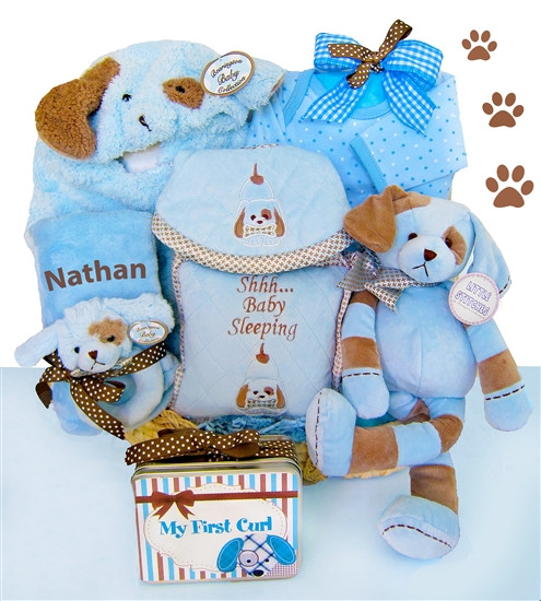 Custom Baby Boy Gifts
 Puppy Love Personalized New baby Boy Gift Basket at Gift