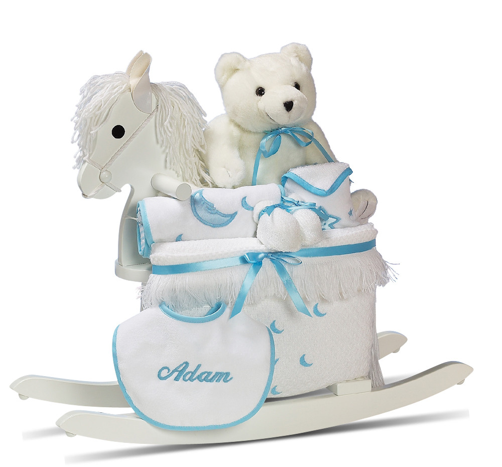 Custom Baby Boy Gifts
 Personalized Baby Boy Gift Rocking Horse & Layette by