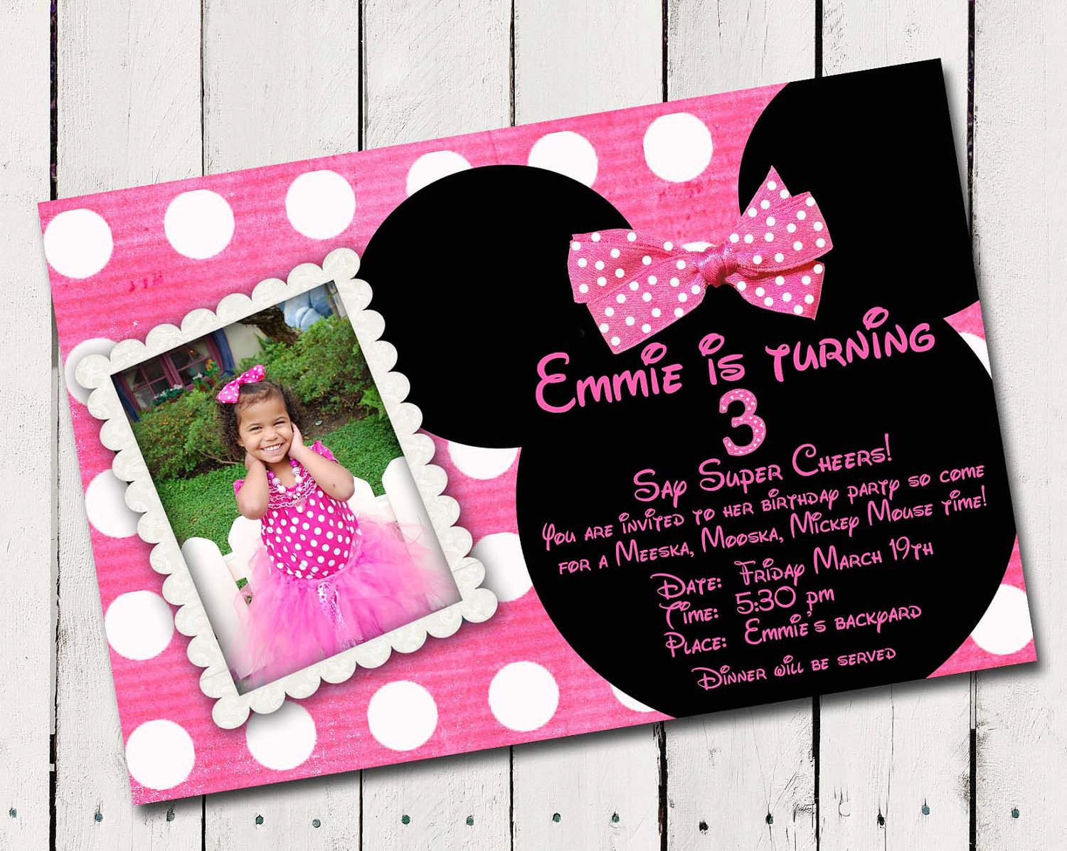 Custom Minnie Mouse Birthday Invitations
 Pink Minnie Mouse Custom photo Birthday by