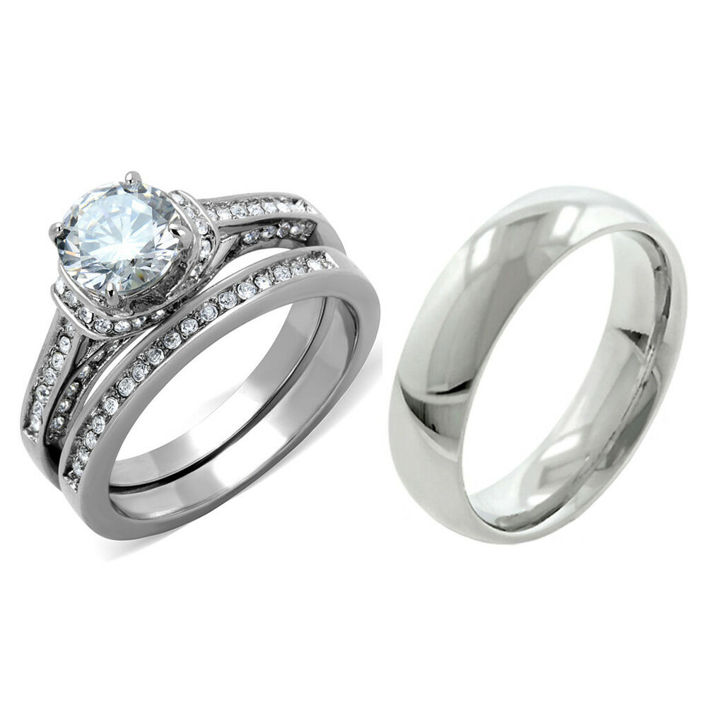 Cz Wedding Ring Sets
 3 PCS Hers Luxury Round CZ Stainless Steel Wedding RING